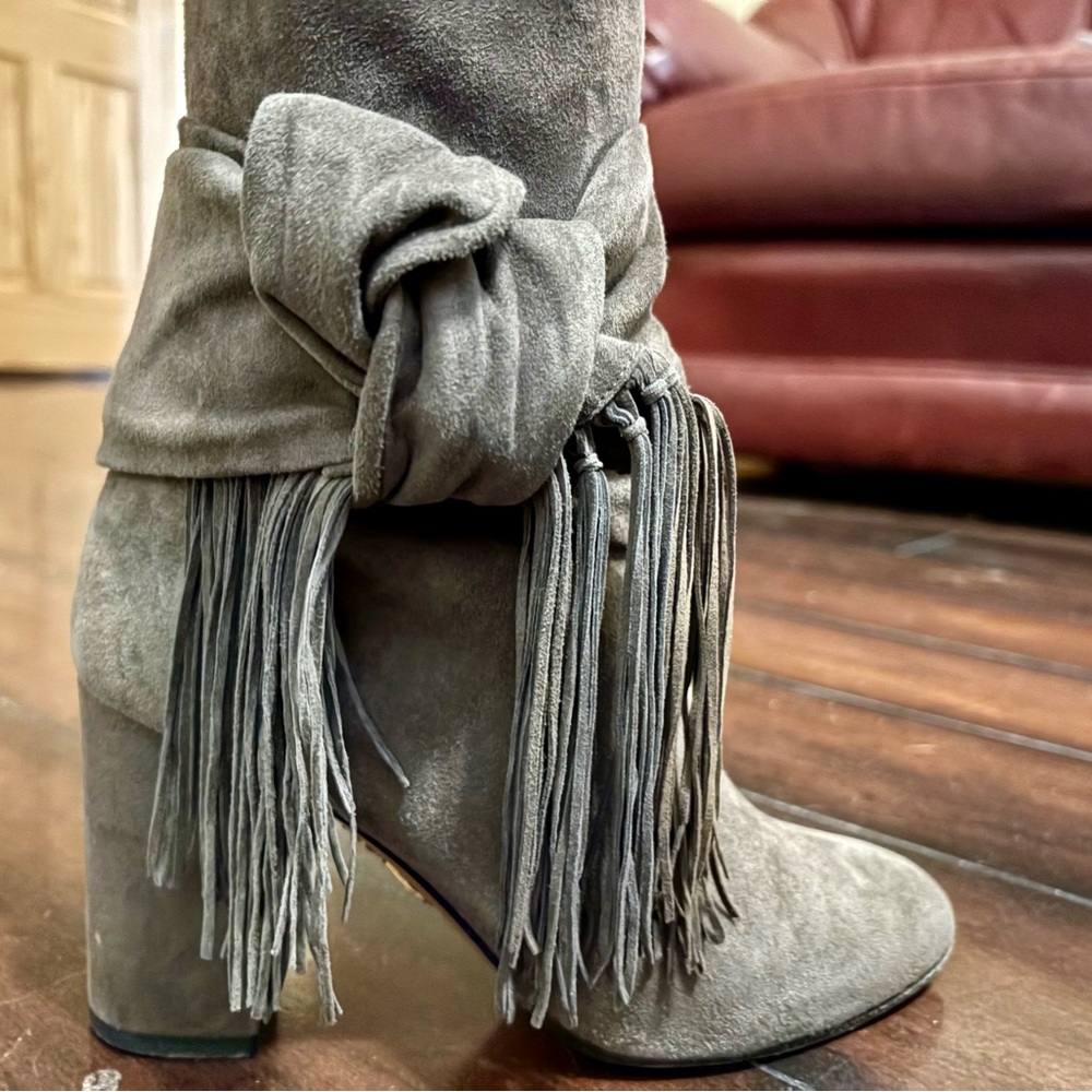 Aquzzura Bow Suede Fringe Boots